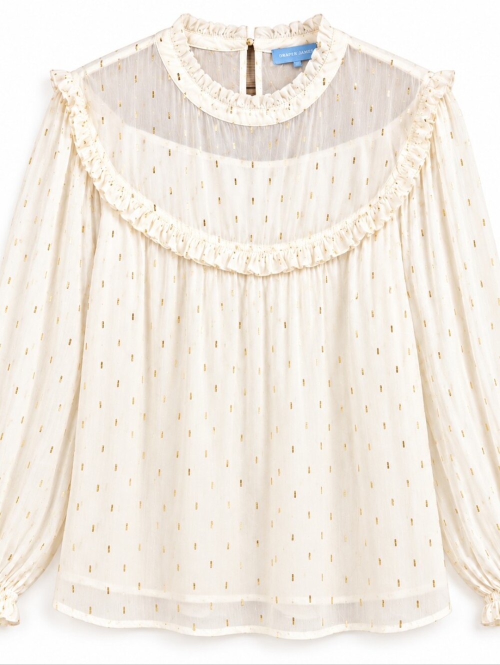 Draper James RSVP NWT XL Ivory Gold Metallic Clip Dot Ruffle Blouse